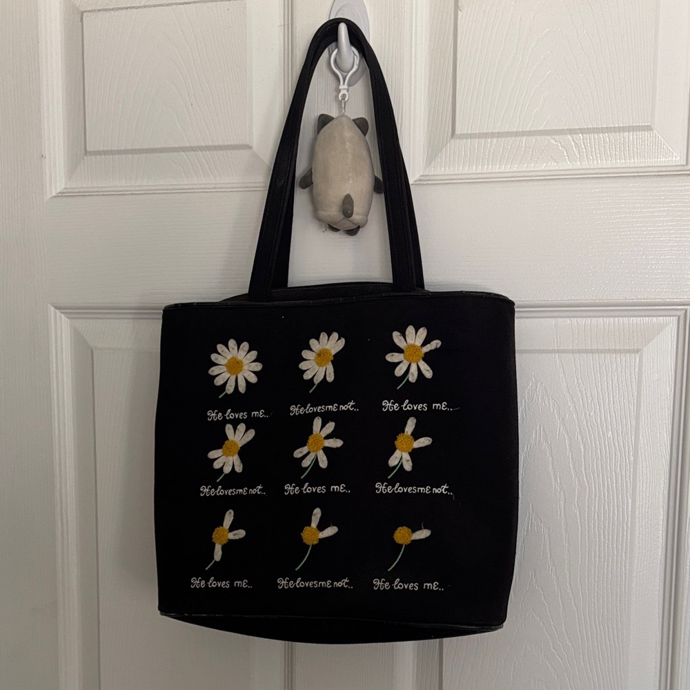 Lulu Guinness Black Tote Daisy Embroidery